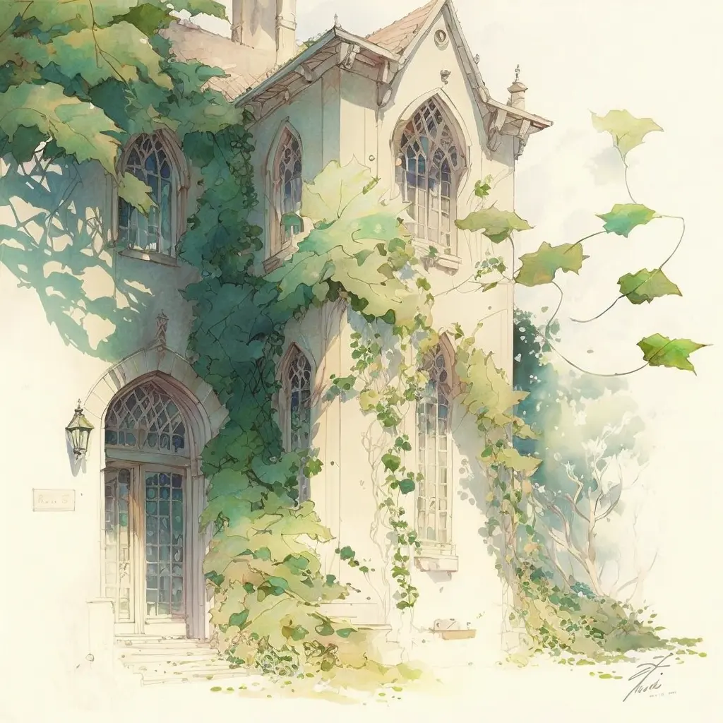 light watercolor, gothic manor with ivy on every wall, bright, white background, few details, dreamy, Studio Ghibli